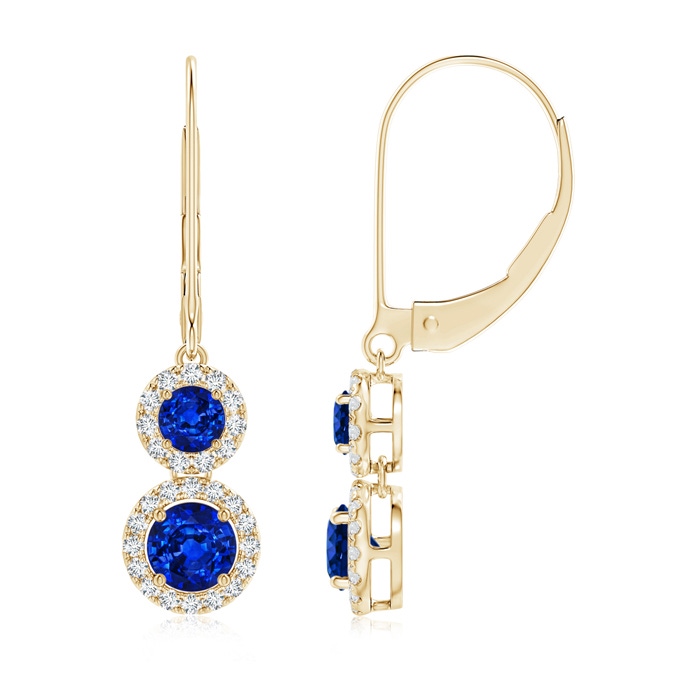 4mm AAAA Two Tier Blue Sapphire Leverback Earrings with Diamond Halo in Yellow Gold