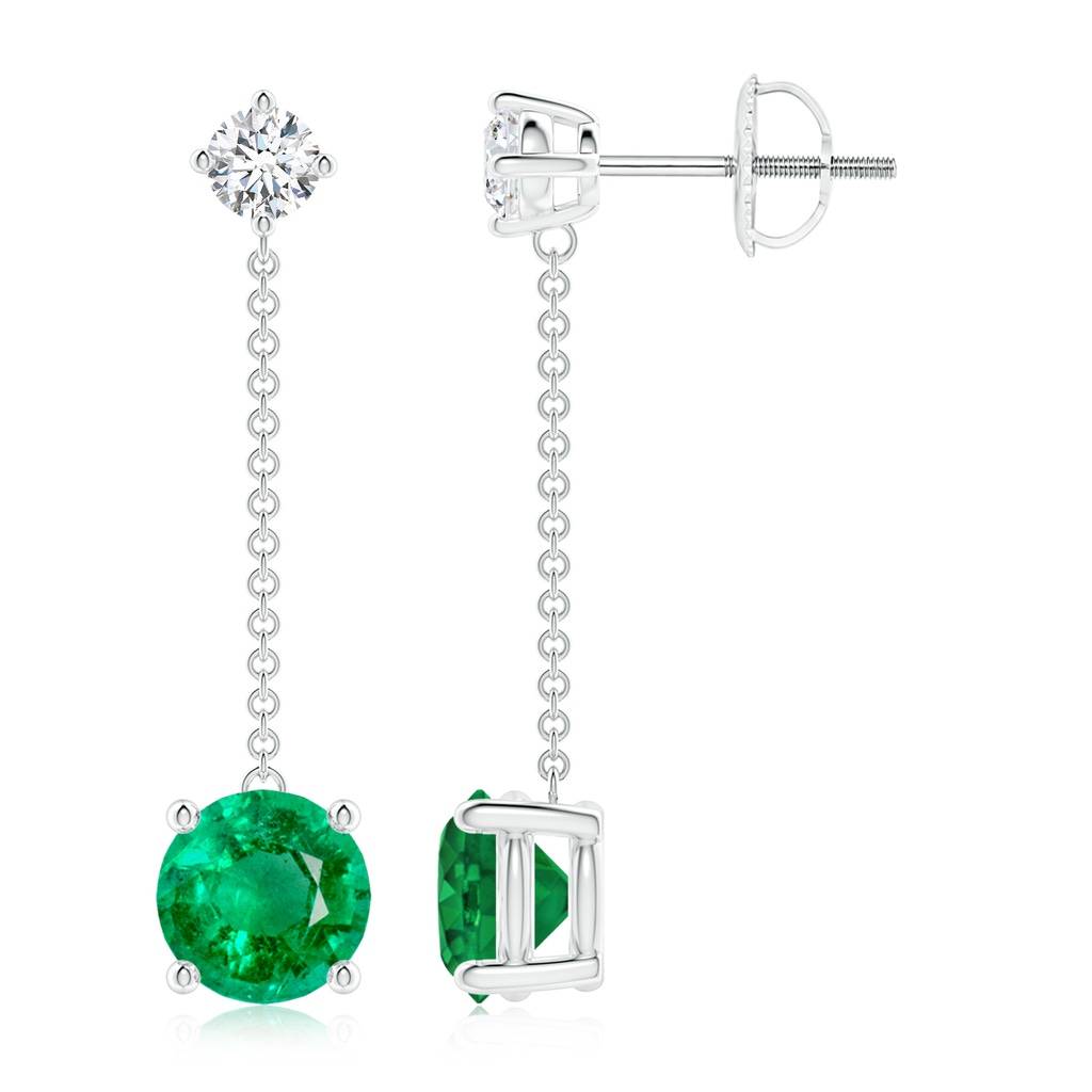 7mm AAA Yard Chain Emerald and Diamond Drop Earrings in White Gold