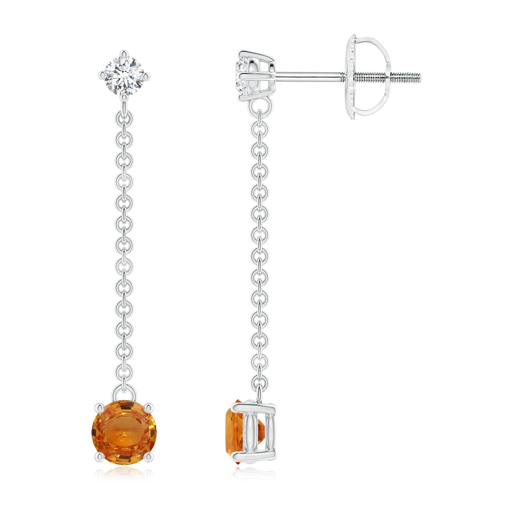 4mm AAA Yard Chain Diamond and Orange Sapphire Drop Earrings in White Gold