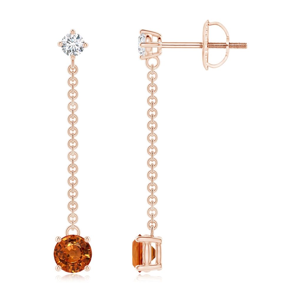 4mm AAAA Yard Chain Diamond and Orange Sapphire Drop Earrings in Rose Gold