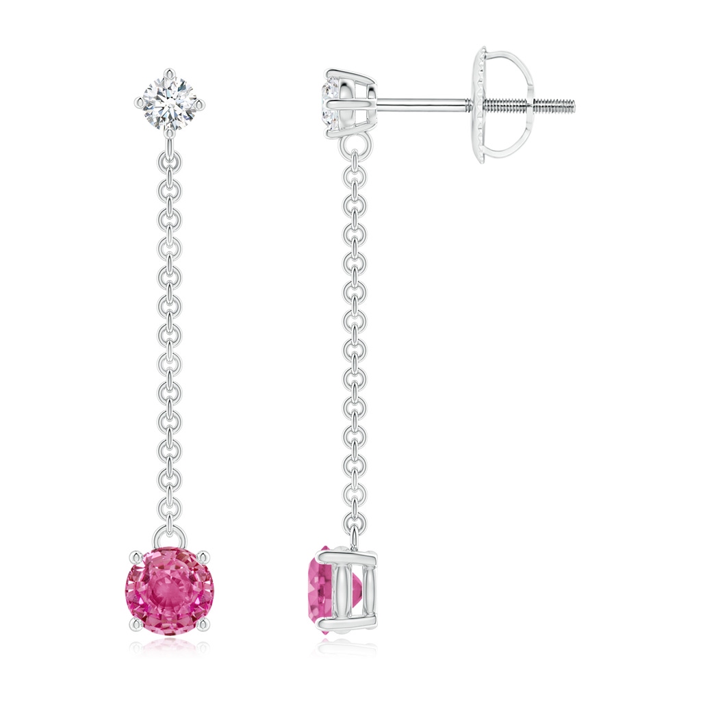 4mm AAA Yard Chain Diamond and Pink Sapphire Drop Earrings in White Gold