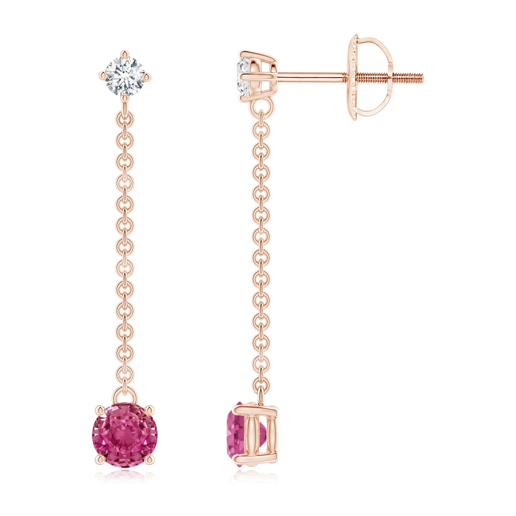 4mm AAAA Yard Chain Diamond and Pink Sapphire Drop Earrings in Rose Gold