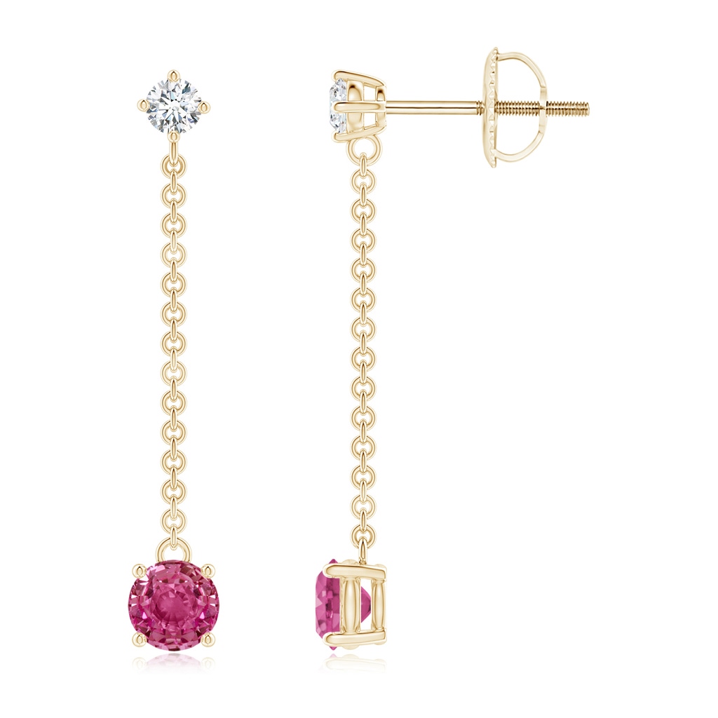 4mm AAAA Yard Chain Diamond and Pink Sapphire Drop Earrings in Yellow Gold