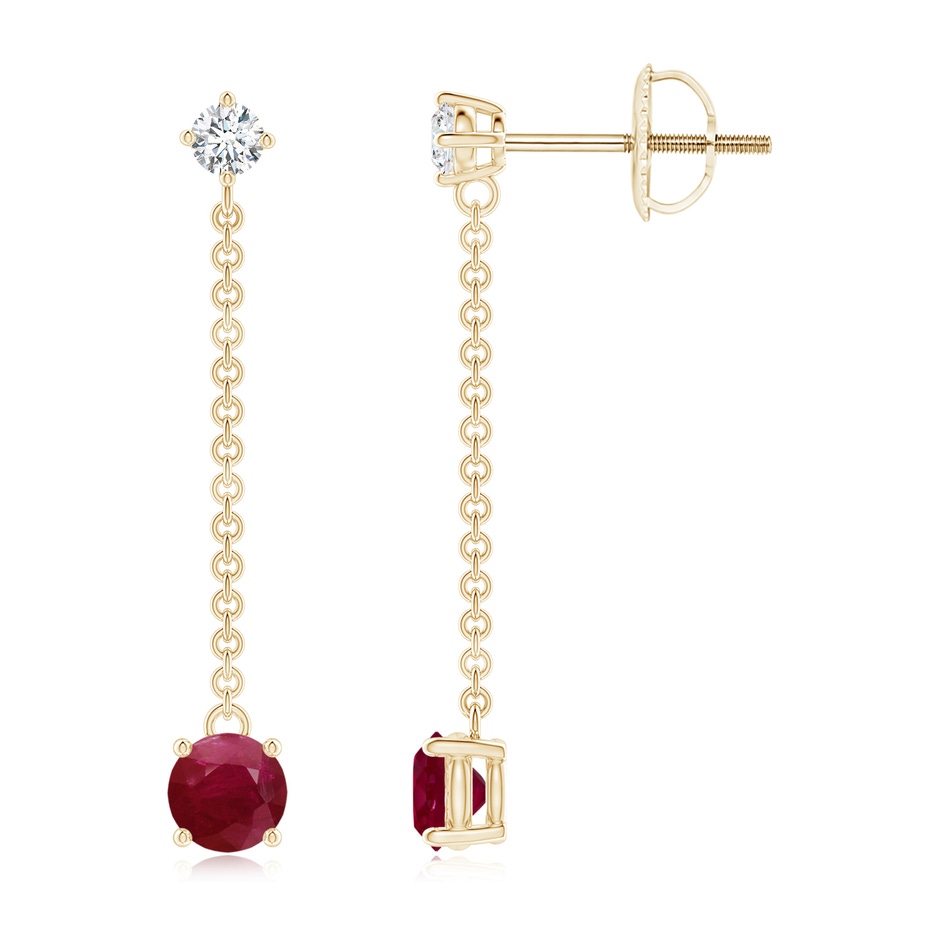 4mm A Yard Chain Diamond and Ruby Drop Earrings in 18K Yellow Gold 