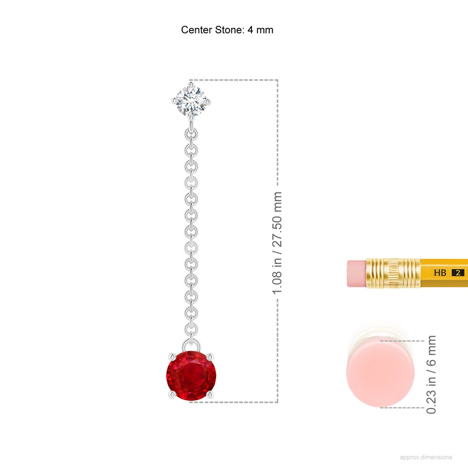 4mm AAA Yard Chain Diamond and Ruby Drop Earrings in P950 Platinum ruler