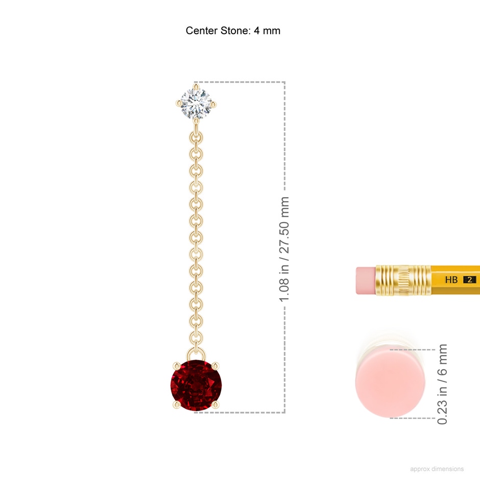 4mm AAAA Yard Chain Diamond and Ruby Drop Earrings in 18K Yellow Gold ruler