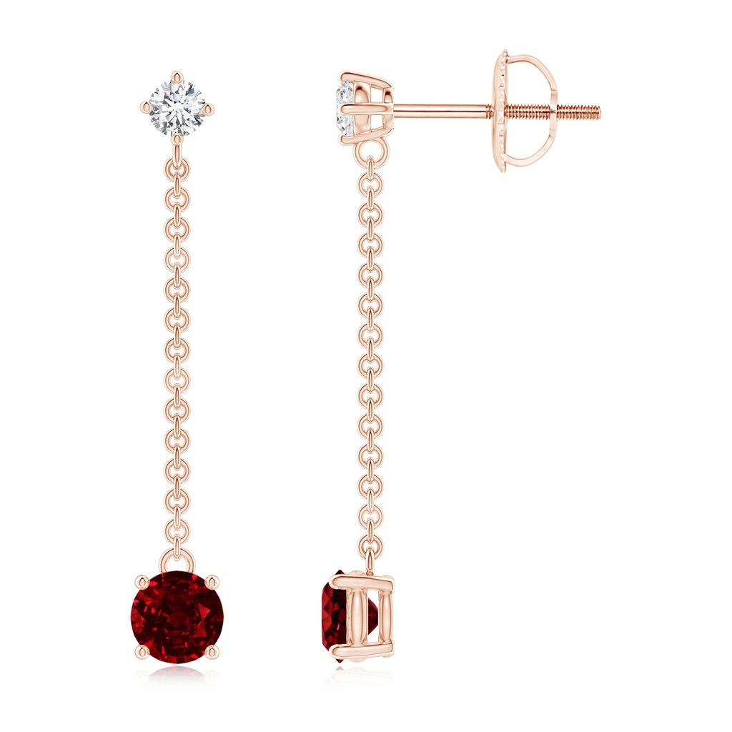 4mm AAAA Yard Chain Diamond and Ruby Drop Earrings in Rose Gold