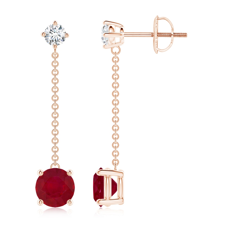 6mm AA Yard Chain Diamond and Ruby Drop Earrings in Rose Gold 