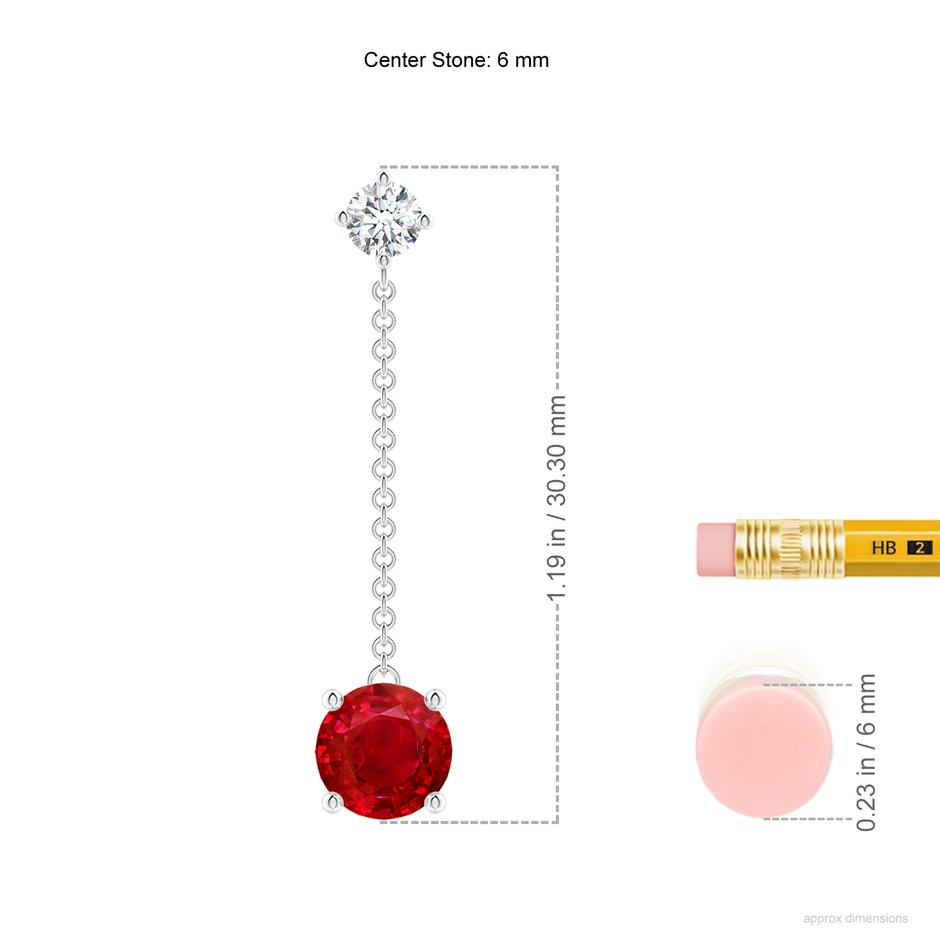 6mm AAA Yard Chain Diamond and Ruby Drop Earrings in P950 Platinum ruler