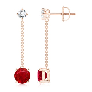 6mm AAA Yard Chain Diamond and Ruby Drop Earrings in Rose Gold