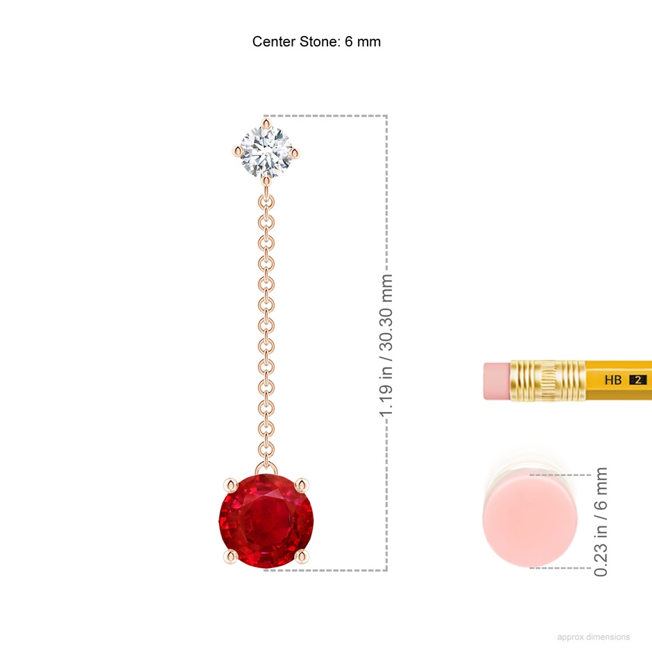 6mm AAA Yard Chain Diamond and Ruby Drop Earrings in Rose Gold ruler