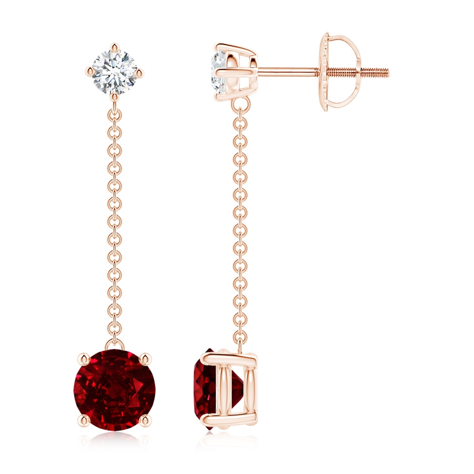 6mm AAAA Yard Chain Diamond and Ruby Drop Earrings in Rose Gold 
