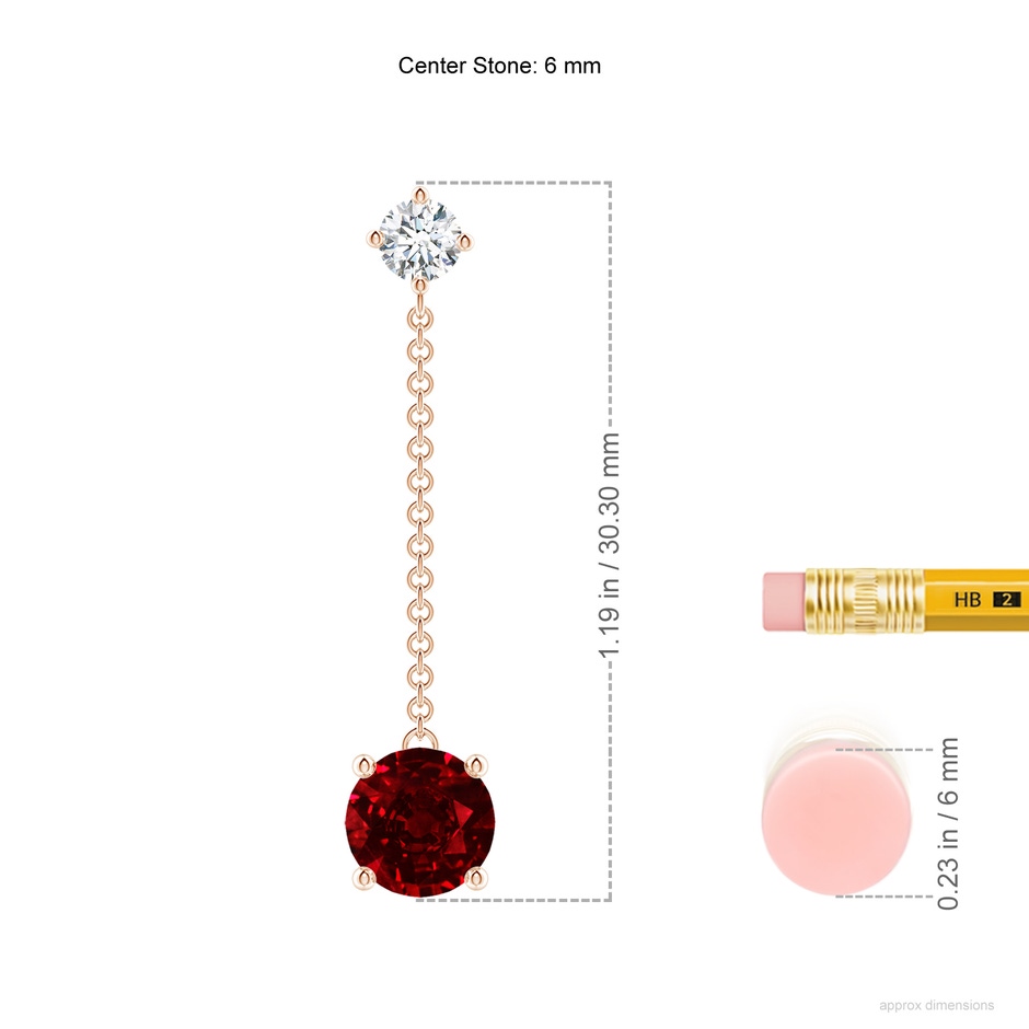 6mm AAAA Yard Chain Diamond and Ruby Drop Earrings in Rose Gold ruler
