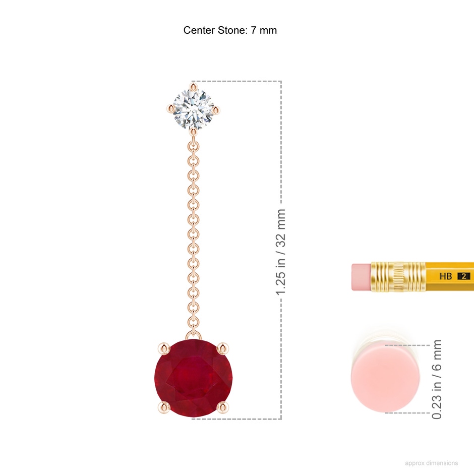 7mm AA Yard Chain Diamond and Ruby Drop Earrings in Rose Gold ruler
