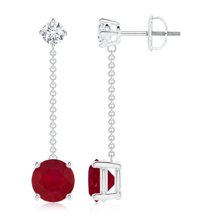 7mm AA Yard Chain Diamond and Ruby Drop Earrings in White Gold 