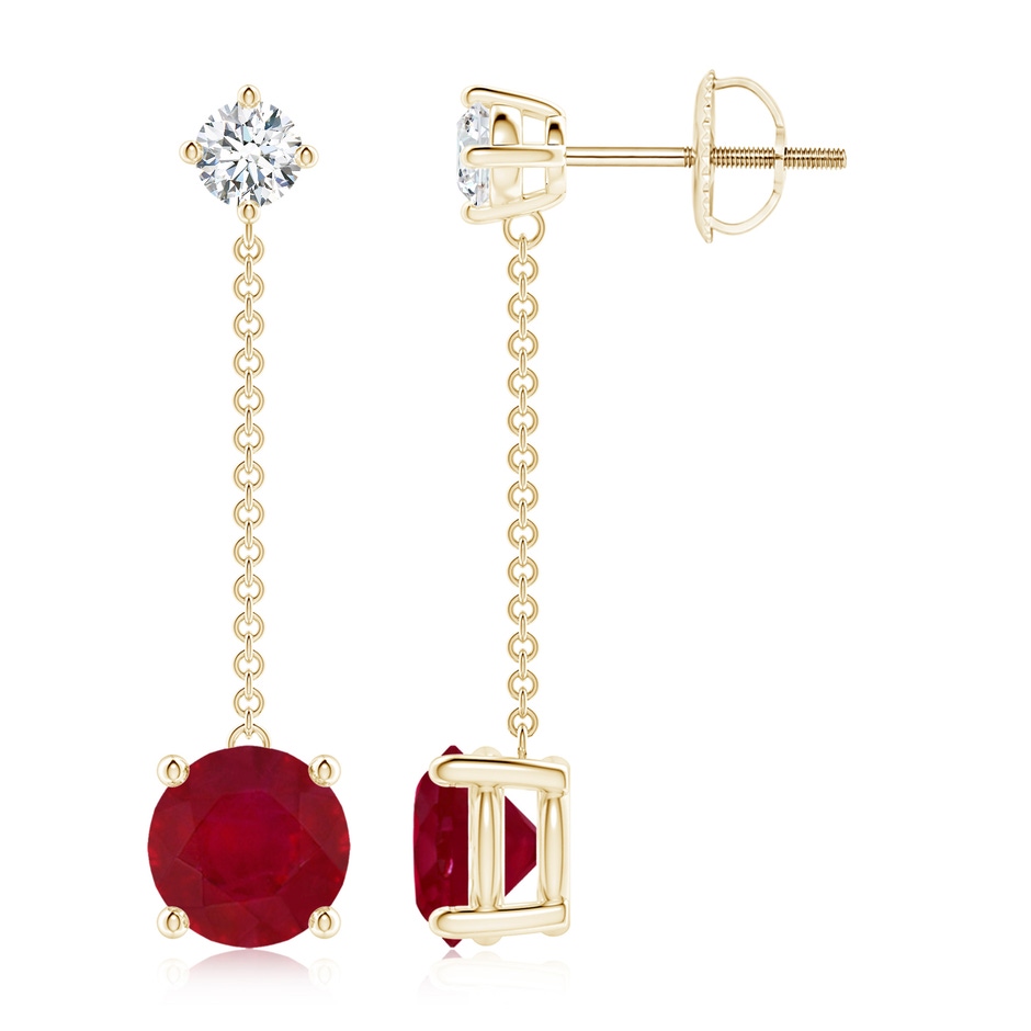 7mm AA Yard Chain Diamond and Ruby Drop Earrings in Yellow Gold 