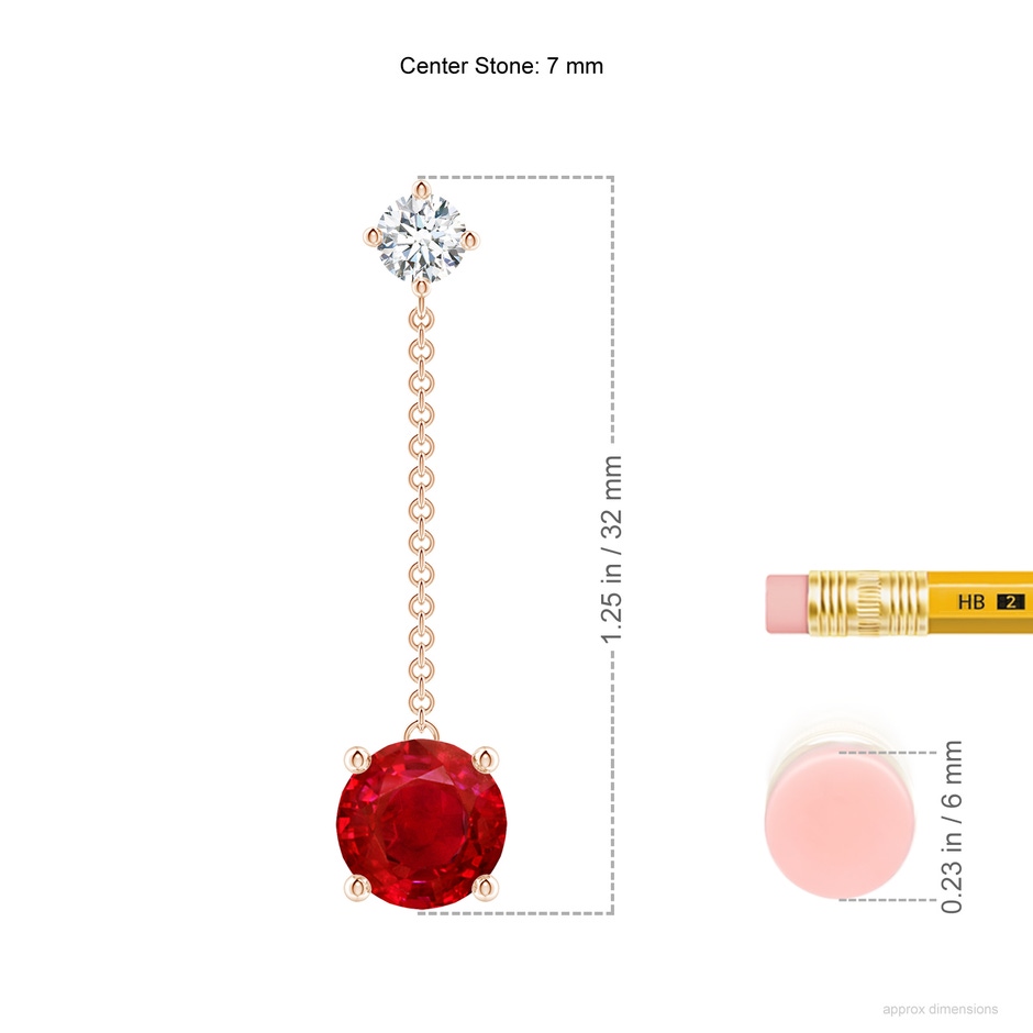 7mm AAA Yard Chain Diamond and Ruby Drop Earrings in Rose Gold ruler