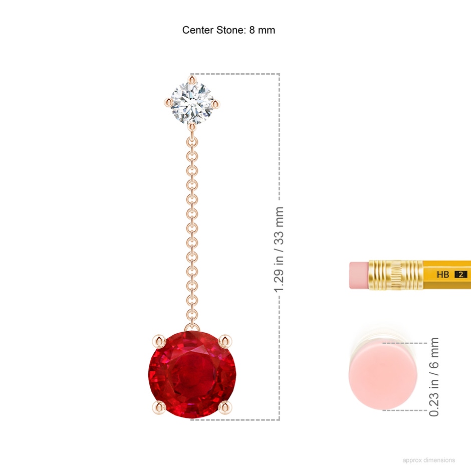 8mm AAA Yard Chain Diamond and Ruby Drop Earrings in Rose Gold ruler