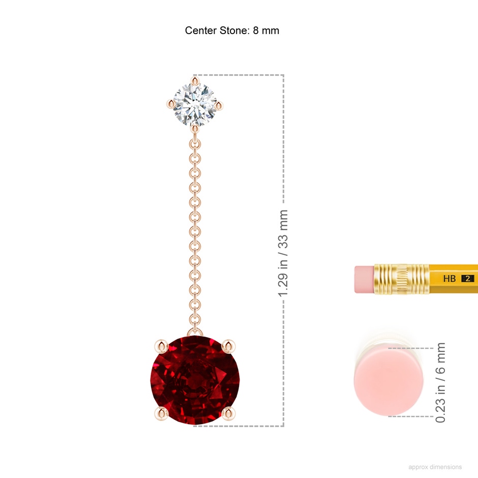 8mm AAAA Yard Chain Diamond and Ruby Drop Earrings in Rose Gold ruler