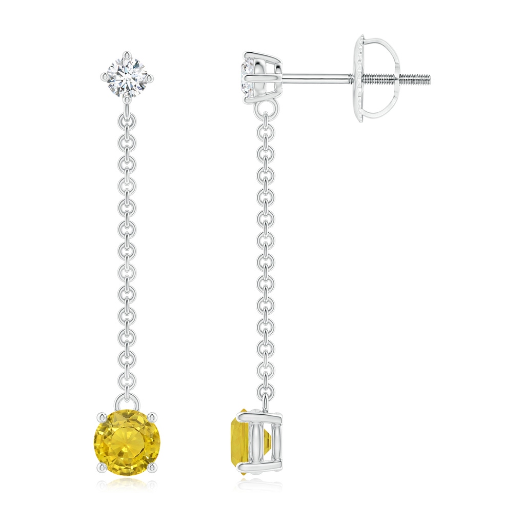 4mm AAA Yard Chain Diamond and Yellow Sapphire Drop Earrings in White Gold