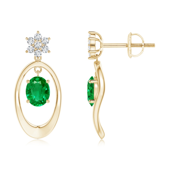 5x4mm AAA Oval Framed Emerald Earrings with Diamond Floral Accent in Yellow Gold