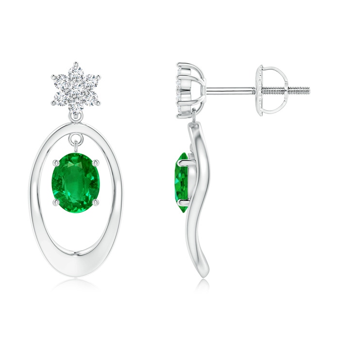 5x4mm AAAA Oval Framed Emerald Earrings with Diamond Floral Accent in P950 Platinum