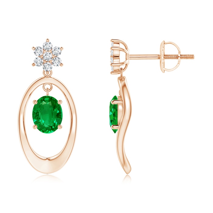 5x4mm AAAA Oval Framed Emerald Earrings with Diamond Floral Accent in Rose Gold