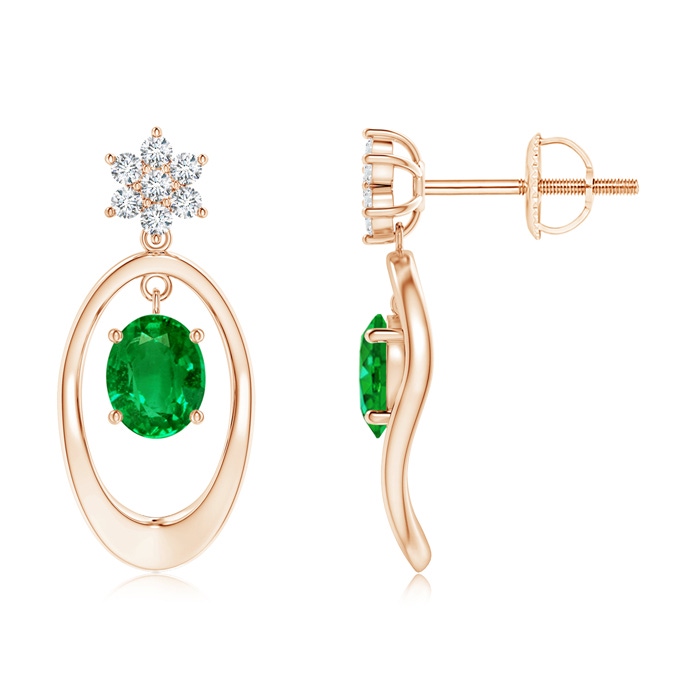 5x4mm Lab-Grown Oval Framed Emerald Earrings with Diamond Floral Accent in Rose Gold