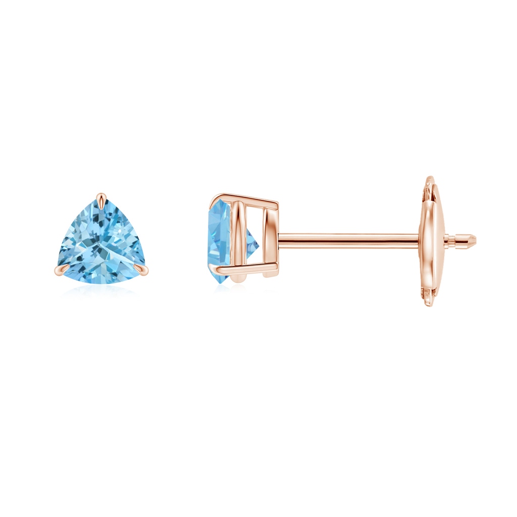 4mm AAAA Claw-Set Trillion Aquamarine Stud Earrings in Rose Gold