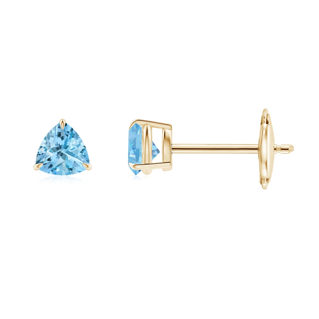 4mm AAAA Claw-Set Trillion Aquamarine Stud Earrings in Yellow Gold