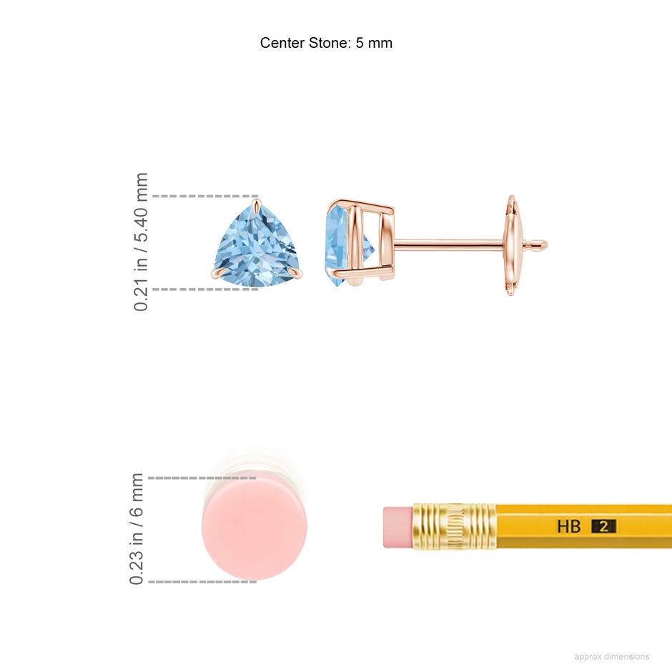 5mm AAA Claw-Set Trillion Aquamarine Stud Earrings in Rose Gold ruler