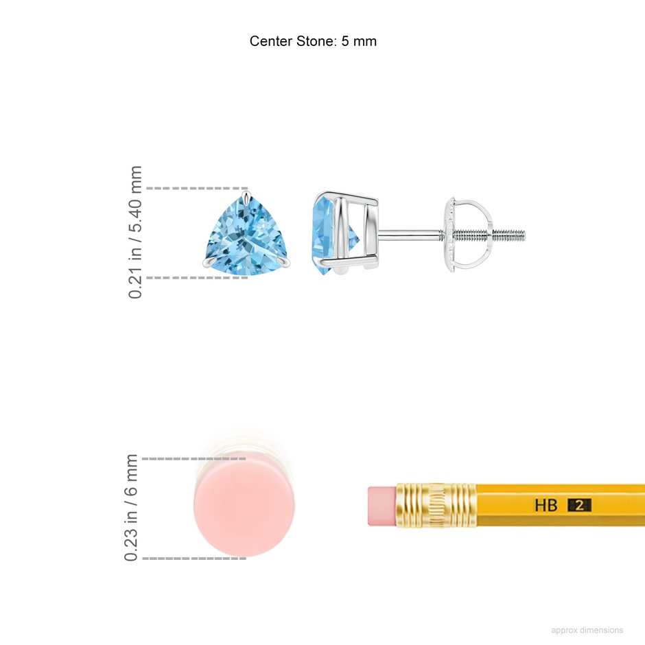 5mm AAAA Claw-Set Trillion Aquamarine Stud Earrings in P950 Platinum ruler