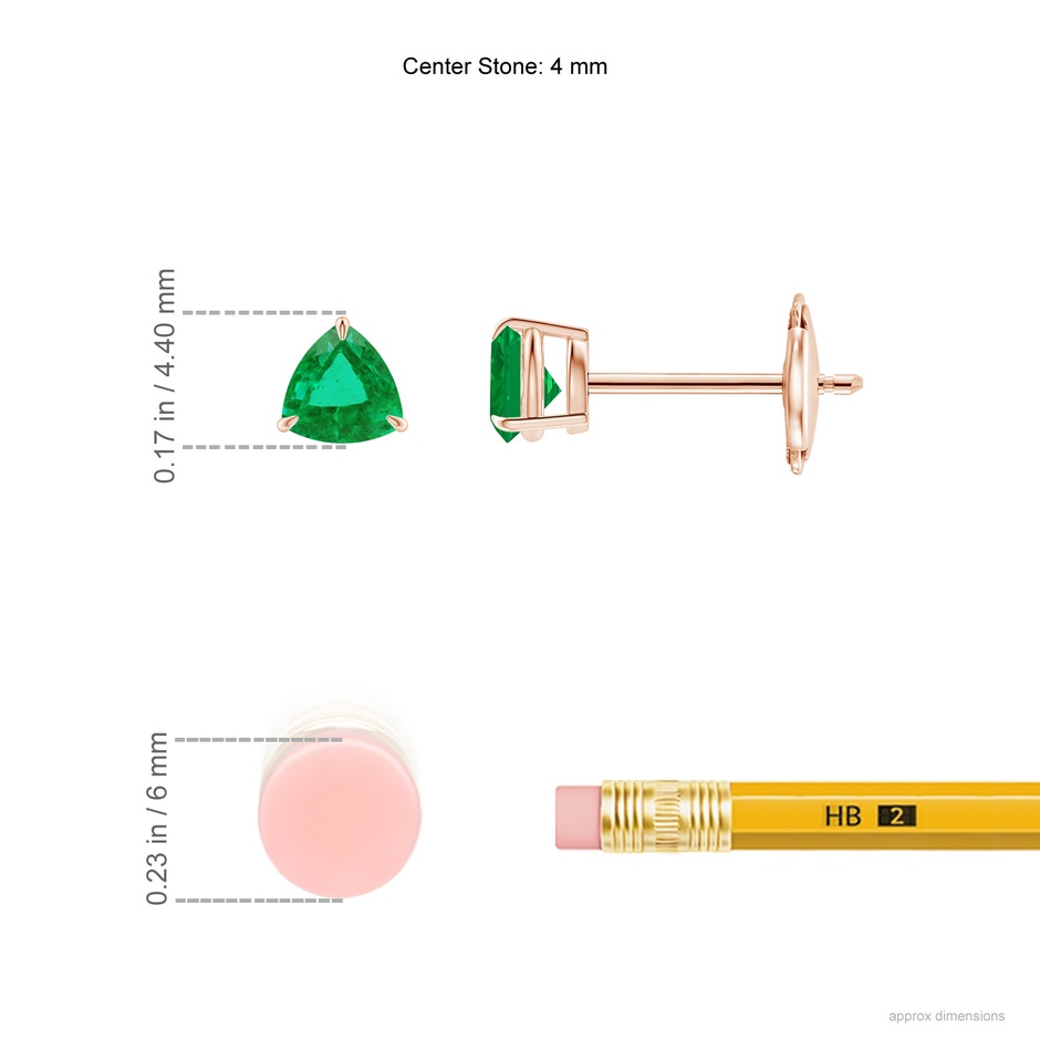 4mm AA Claw-Set Trillion Emerald Stud Earrings in 9K Rose Gold ruler