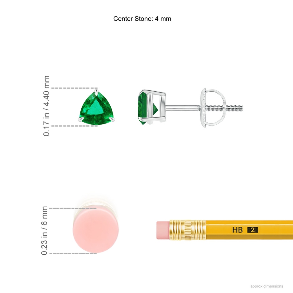 4mm AAA Claw-Set Trillion Emerald Stud Earrings in P950 Platinum ruler
