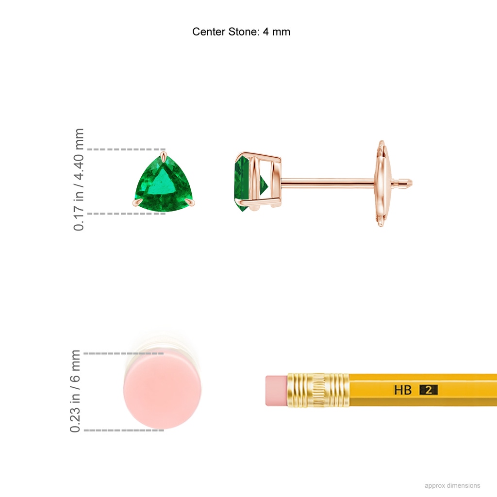 4mm AAA Claw-Set Trillion Emerald Stud Earrings in Rose Gold Ruler