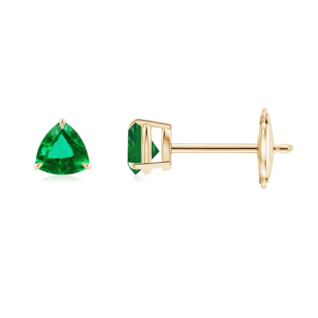 4mm AAA Claw-Set Trillion Emerald Stud Earrings in Yellow Gold