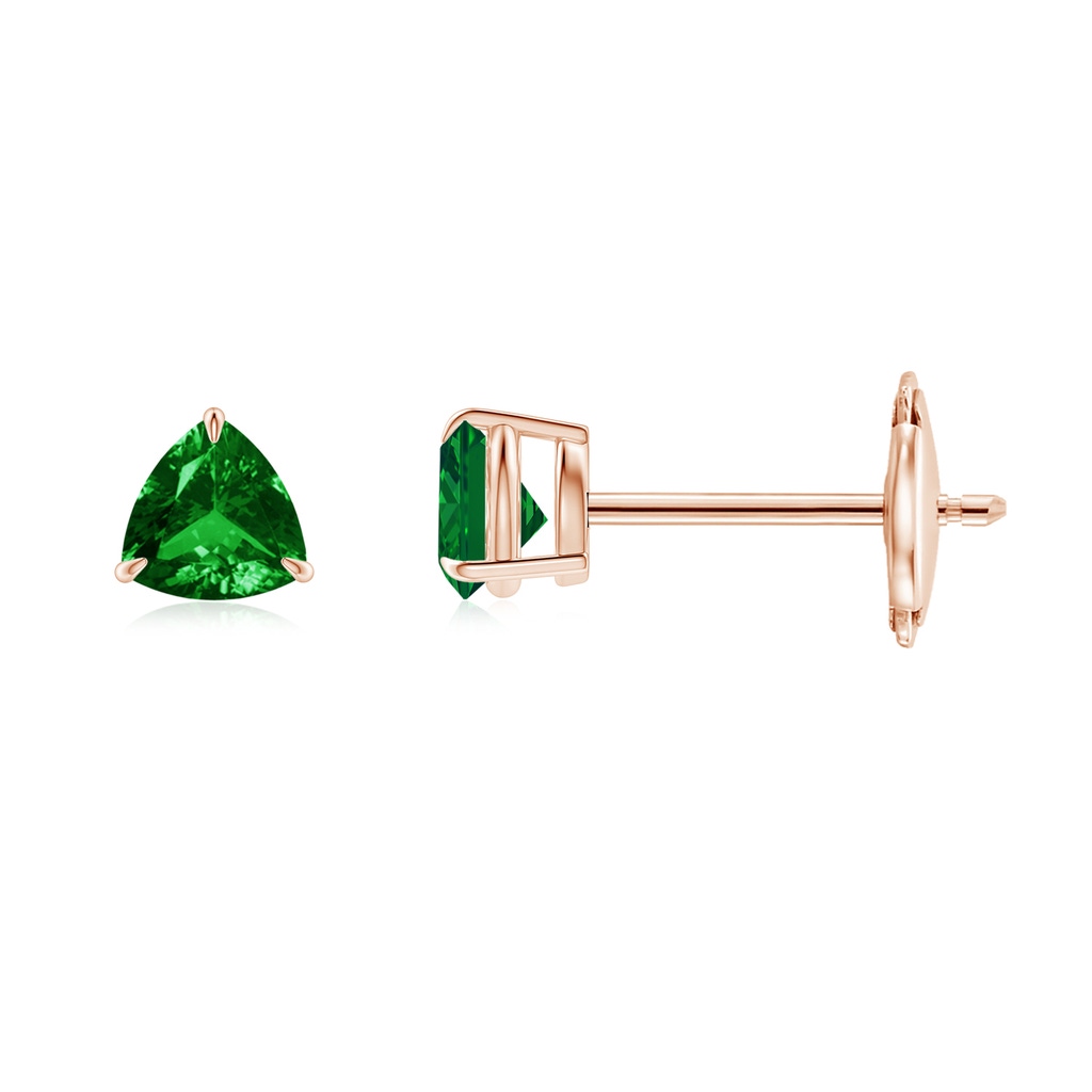 4mm AAAA Claw-Set Trillion Emerald Stud Earrings in Rose Gold