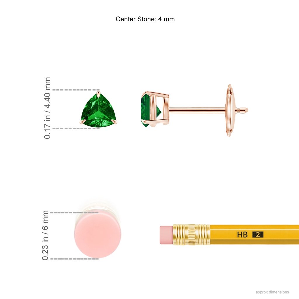 4mm AAAA Claw-Set Trillion Emerald Stud Earrings in Rose Gold Ruler