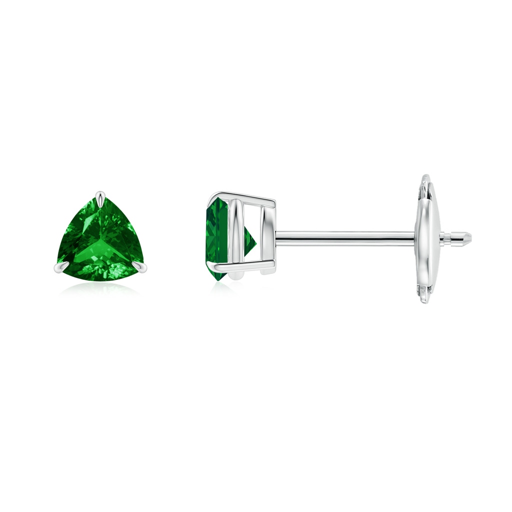 4mm AAAA Claw-Set Trillion Emerald Stud Earrings in White Gold