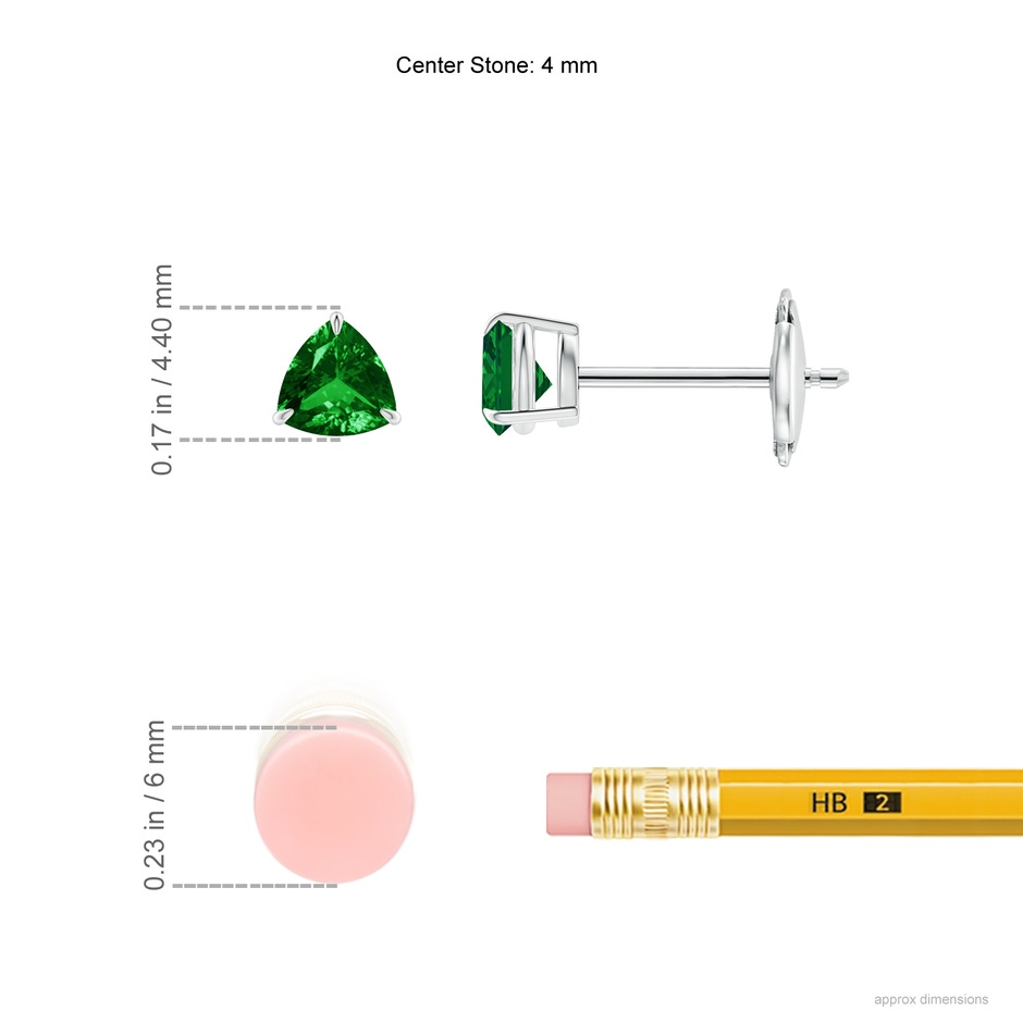 4mm AAAA Claw-Set Trillion Emerald Stud Earrings in White Gold Ruler