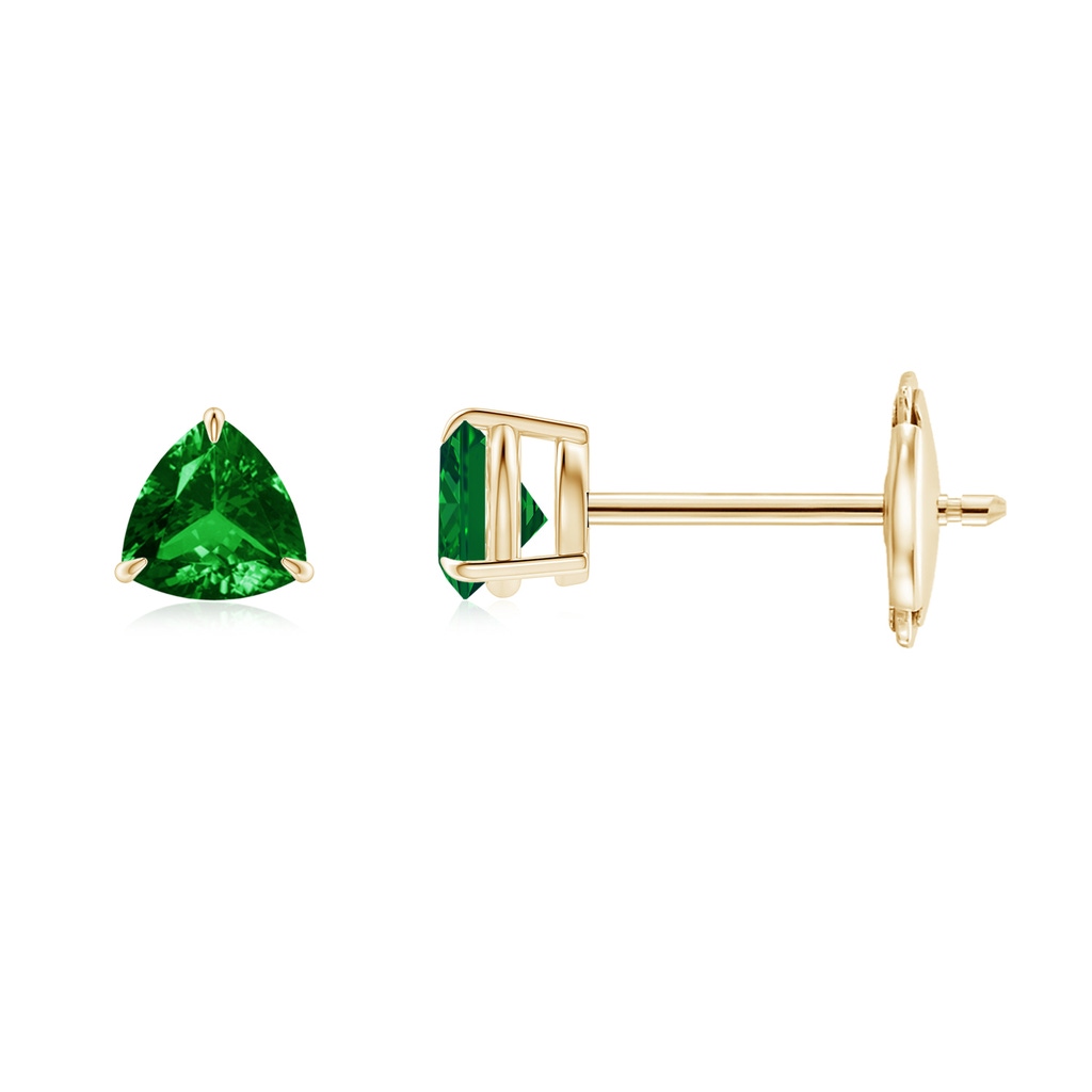 4mm AAAA Claw-Set Trillion Emerald Stud Earrings in Yellow Gold