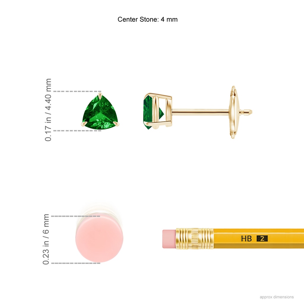 4mm AAAA Claw-Set Trillion Emerald Stud Earrings in Yellow Gold Ruler