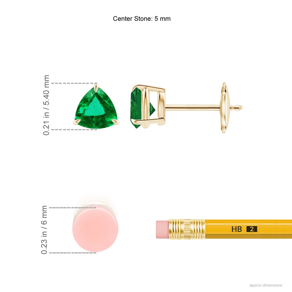 5mm AAA Claw-Set Trillion Emerald Stud Earrings in Yellow Gold Ruler