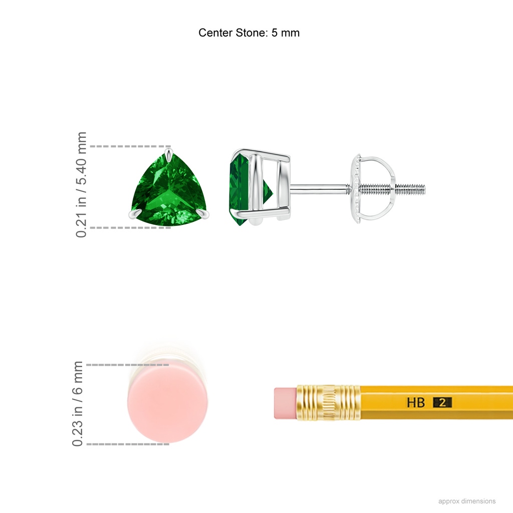 5mm AAAA Claw-Set Trillion Emerald Stud Earrings in P950 Platinum Ruler