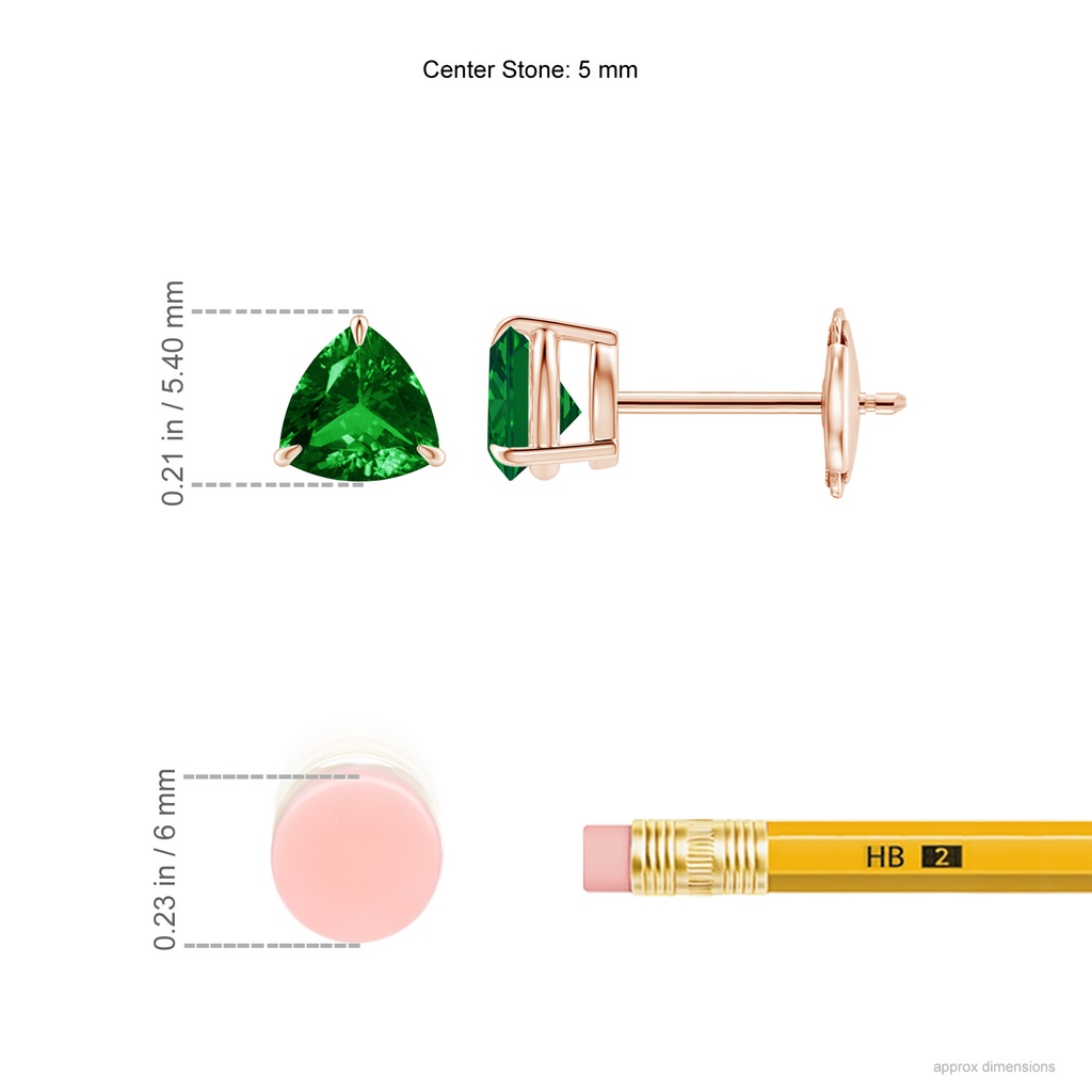 5mm AAAA Claw-Set Trillion Emerald Stud Earrings in Rose Gold Ruler