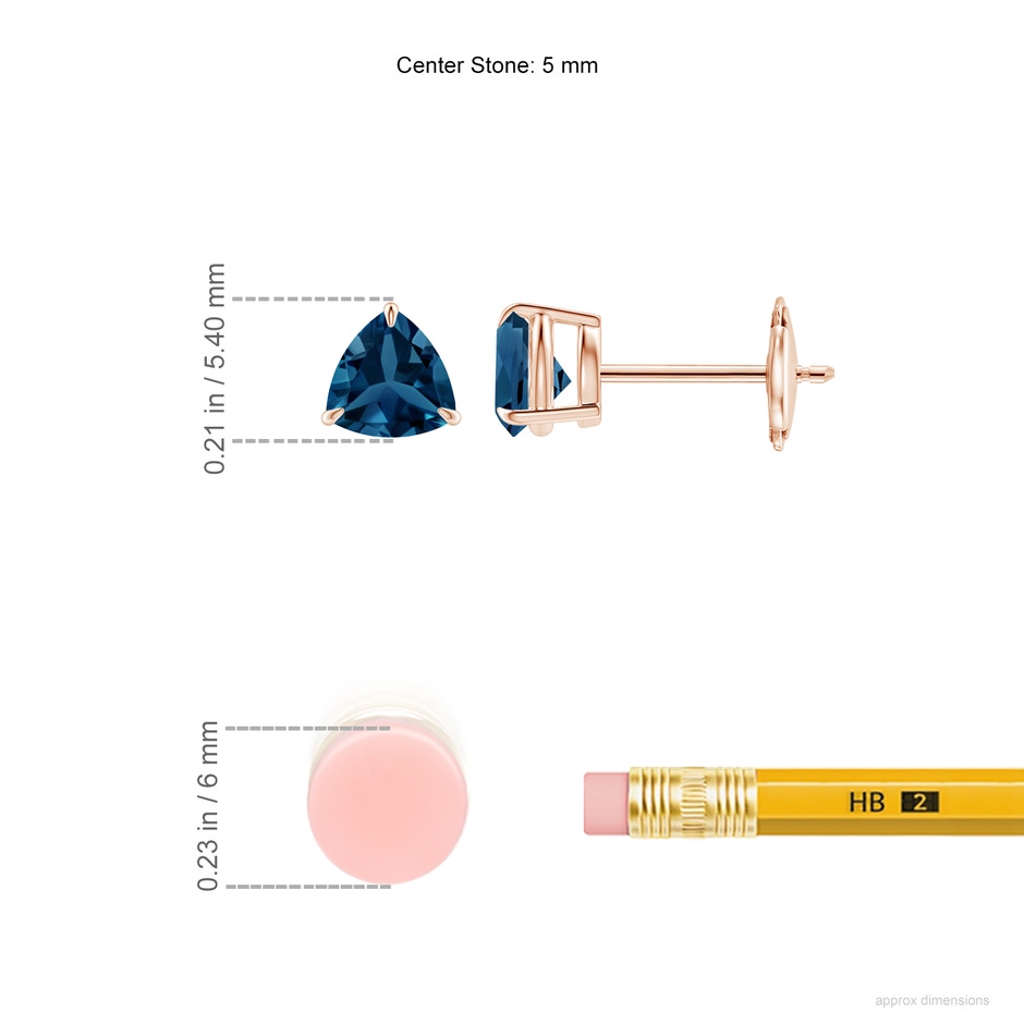5mm AAA Claw-Set Trillion London Blue Topaz Stud Earrings in Rose Gold ruler