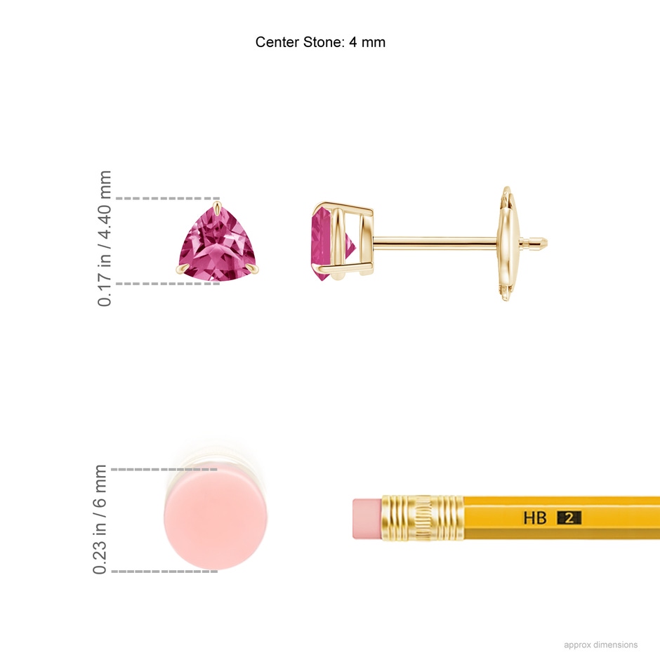 4mm AAAA Claw-Set Trillion Pink Sapphire Stud Earrings in Yellow Gold ruler