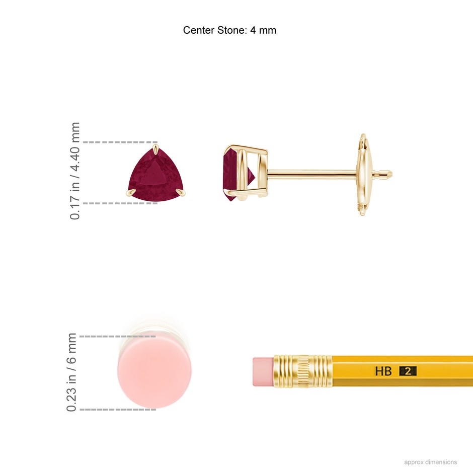 4mm A Claw-Set Trillion Ruby Stud Earrings in Yellow Gold ruler