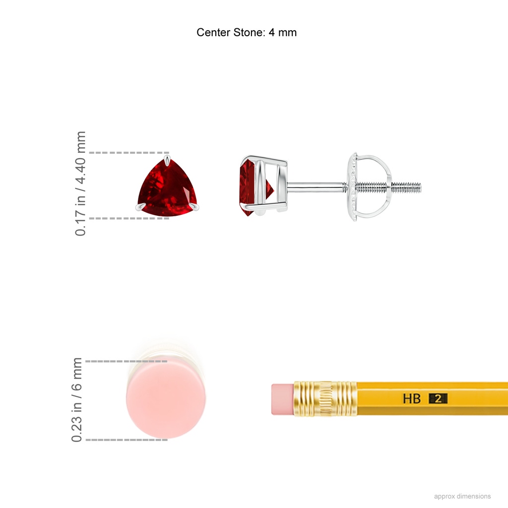 4mm AAAA Claw-Set Trillion Ruby Stud Earrings in P950 Platinum Ruler