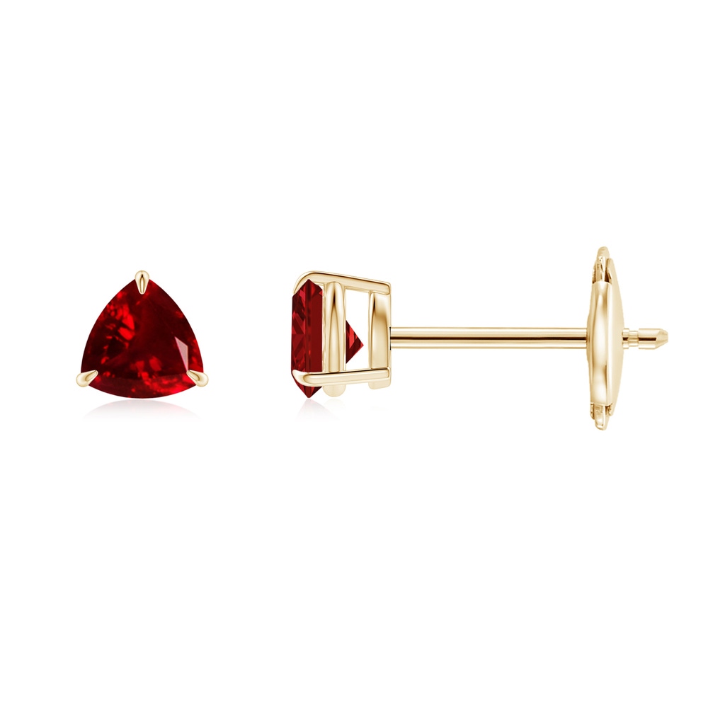 4mm AAAA Claw-Set Trillion Ruby Stud Earrings in Yellow Gold